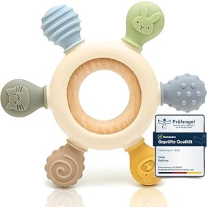 CAJA Beißring Baby BPA freie Zahnungshilfe und Beißspielzeug aus Silikon und Holz Greifring mit Tiermotiv